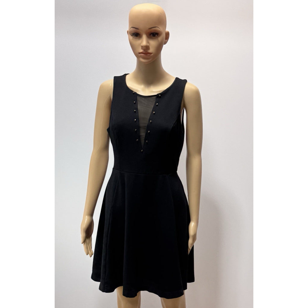 Express Black Mesh Panel Studded Fit & Flare Stretch Mini Dress Women's Black M