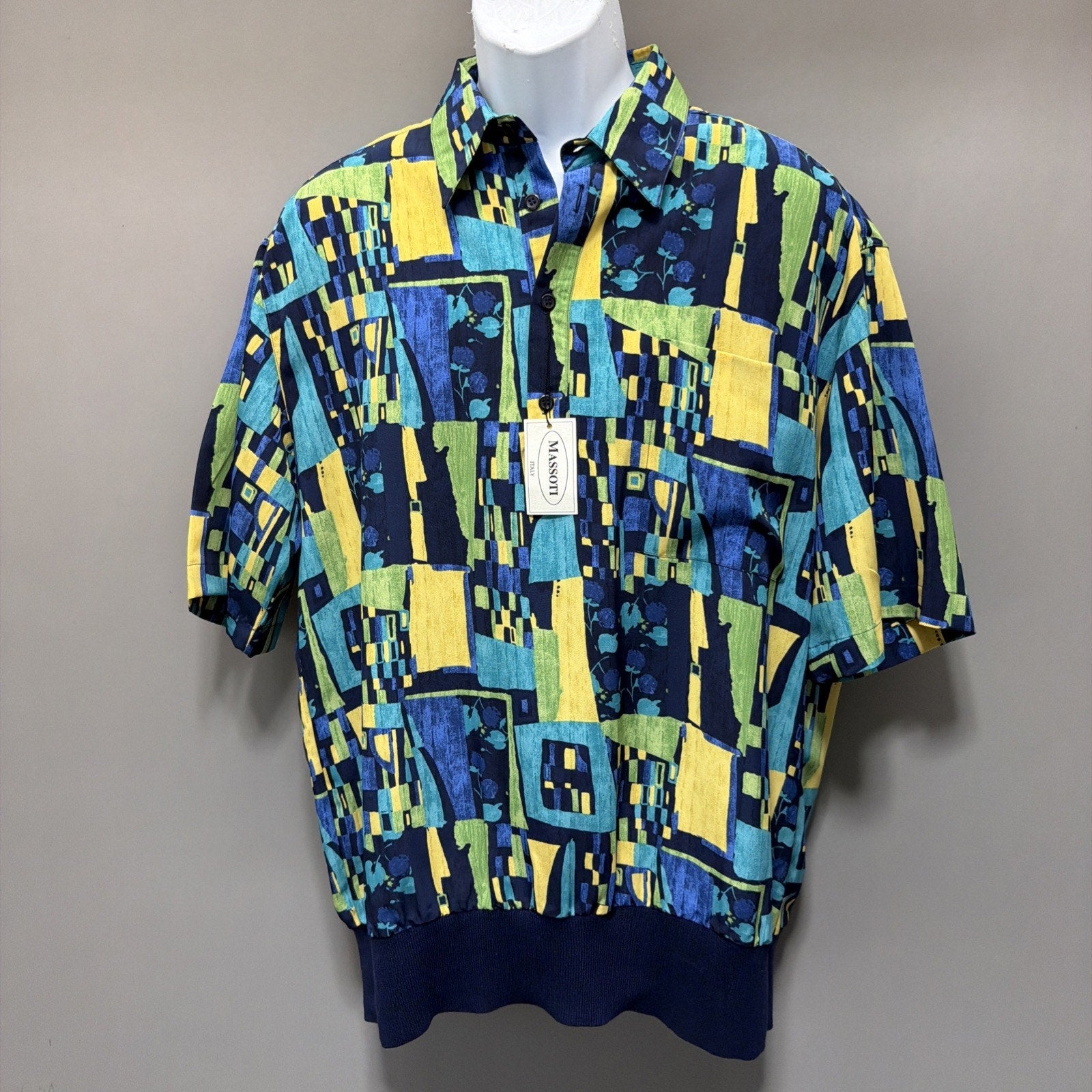 Massoti Italy Shirt Men L Short Sleeve 1/4 Button Abstract Golf Beach Luxury NWT