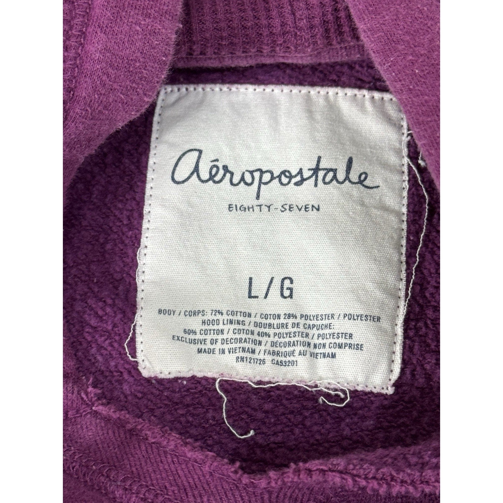 Aeropostale Hoodie Junior Size Large Purple Cotton Jacket Pockets Full Zip Logo