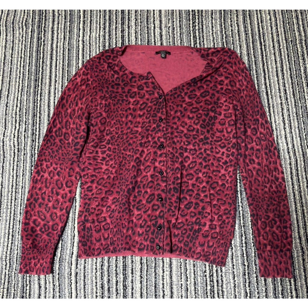TALBOTS Cardigan Womens LP Burgundy Black Leopard Print Cotton Long Sleeve