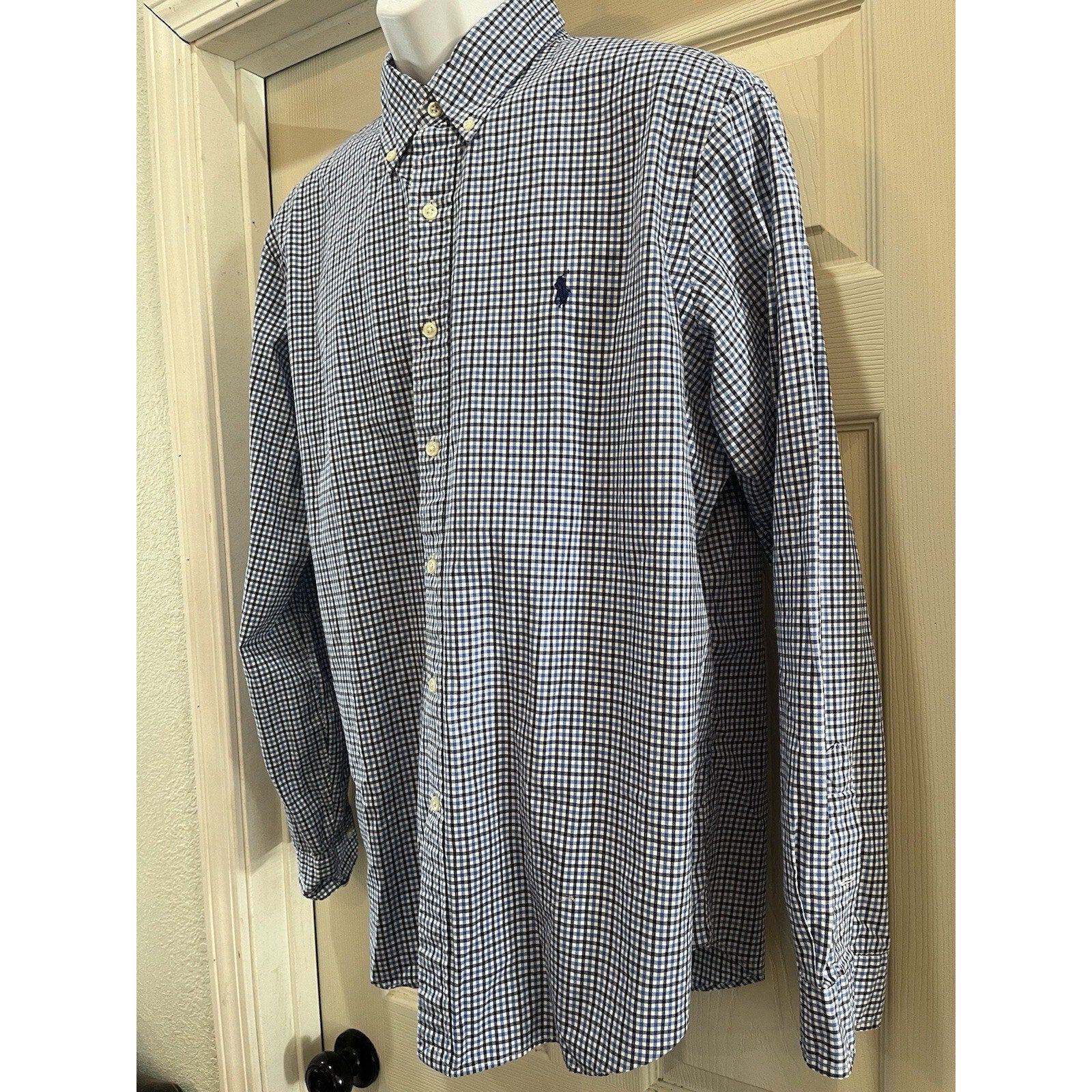 Ralph Lauren Shirt Mens XL Button Down Blue Plaid Classic Navy Pony EUC