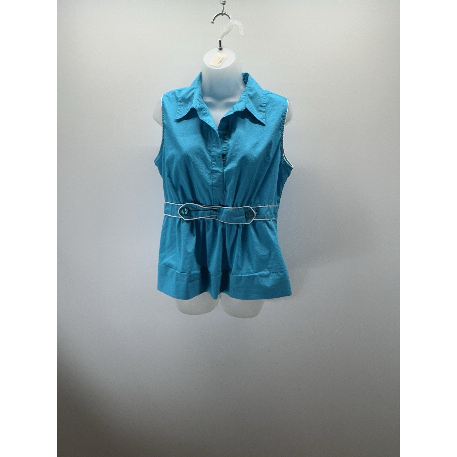 Cato Women's Blue Cotton Blend Tank Top White Satin Trim Medium Belted