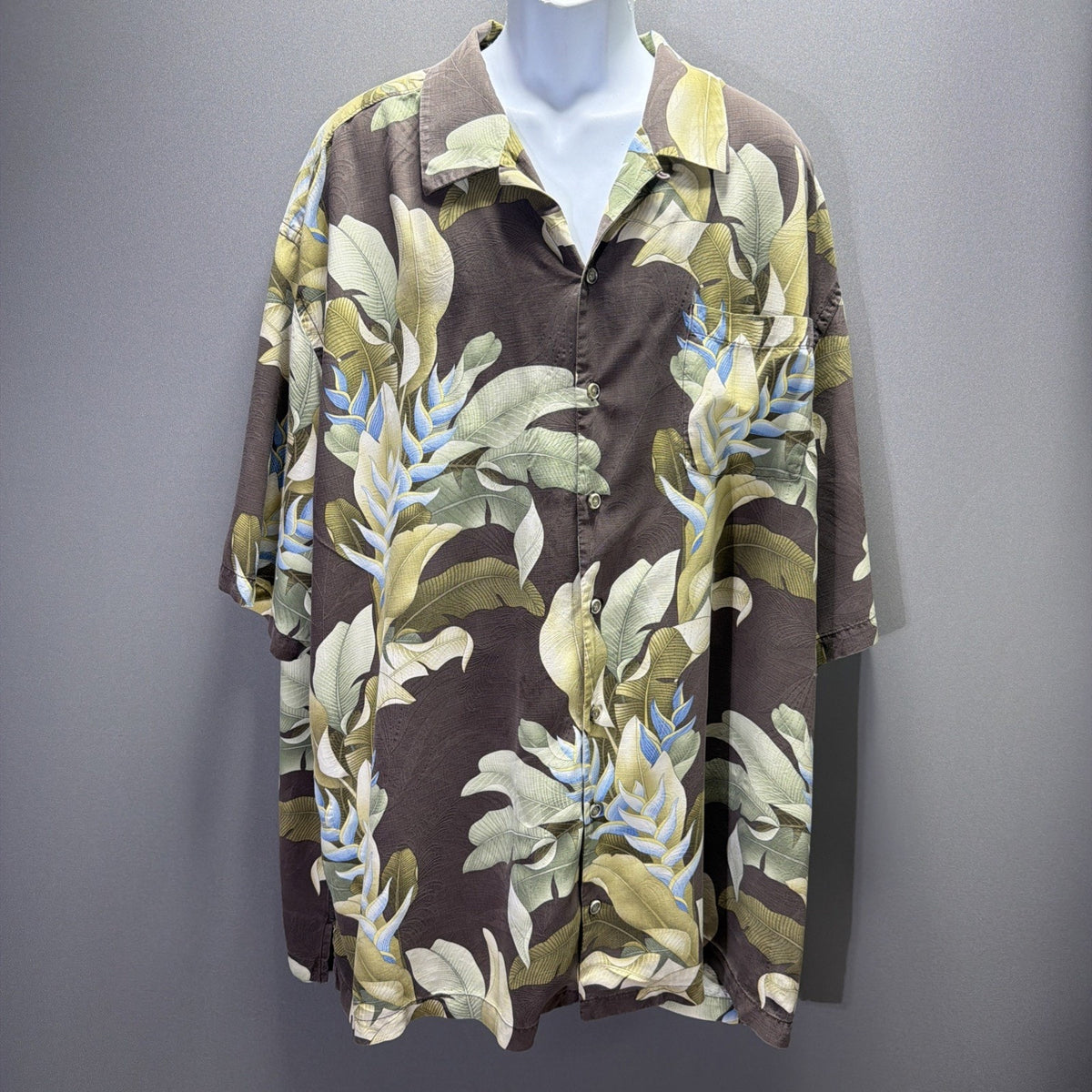 Tommy Bahama Silk Hawaiian Embroidered Camp Shirt Brown Hibiscus Floral 4X Tall