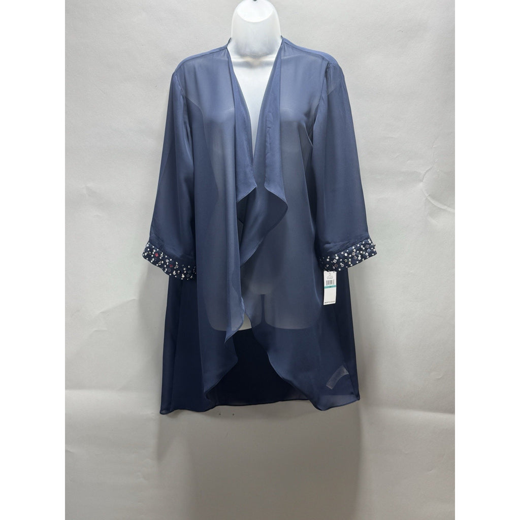 NWT SLNY 16P Deep Navy Sheer Beaded Open Front Duster Jacket Cover Up Petite