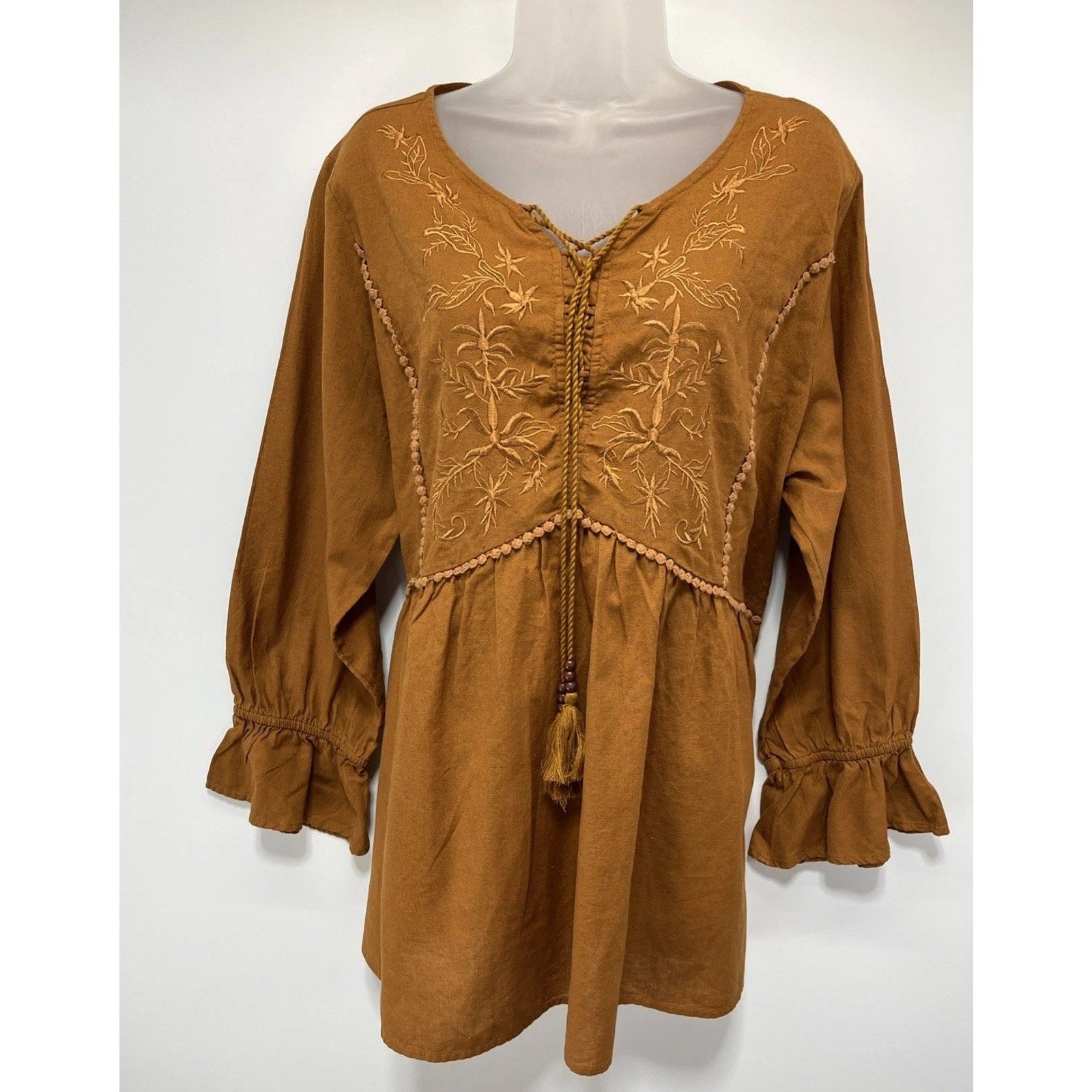 Tantrums Burnt Orange Embroidered Peasant Babydoll Linen Blend Tunic Top XXL