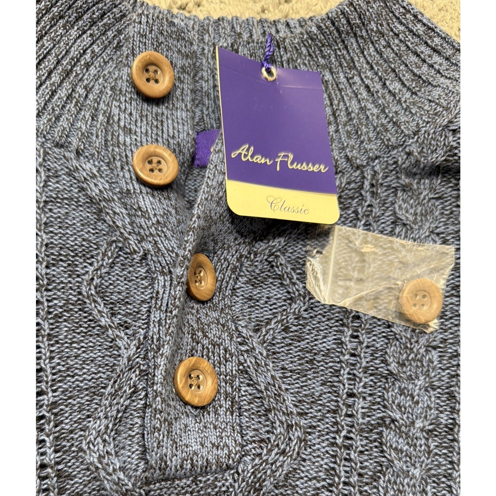 Alan Flusser Men's Blue 1/4 Button Cable Knit Sweater Preppy Casual XXL New