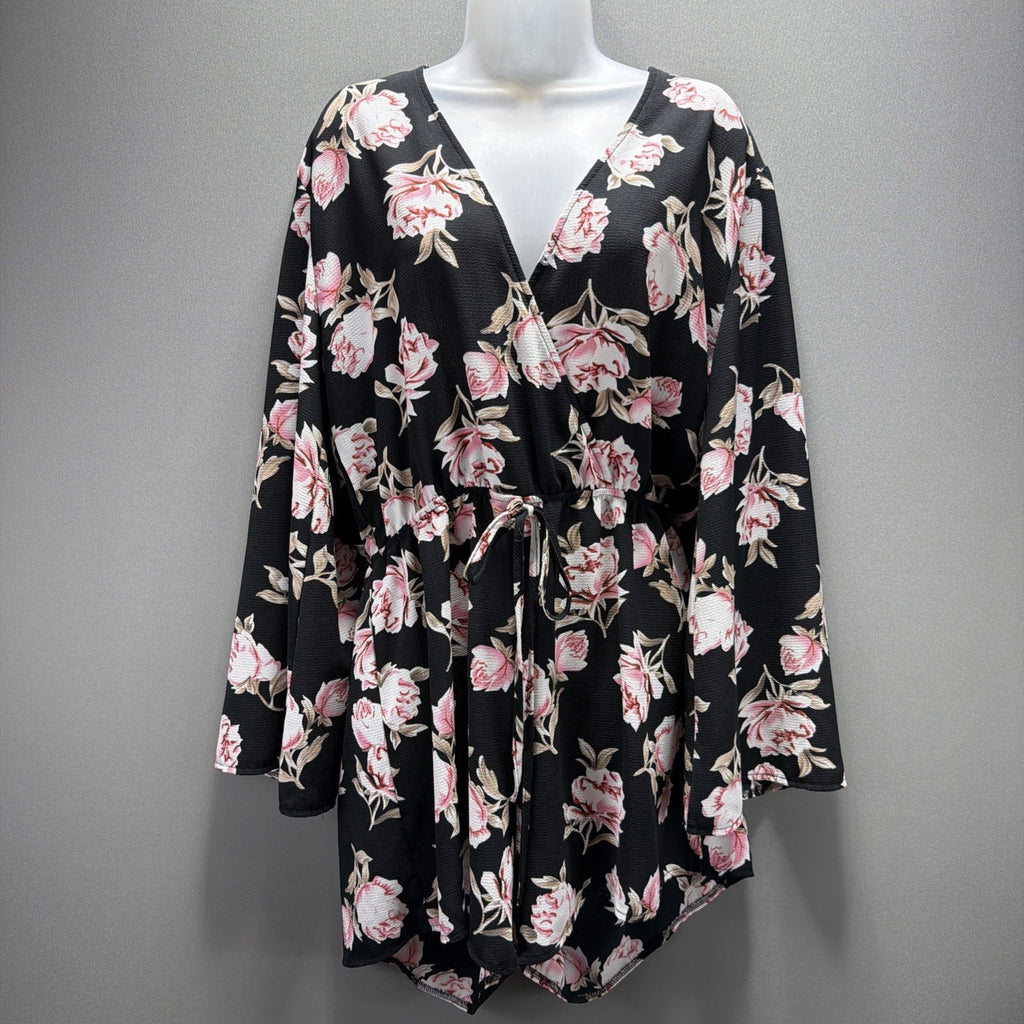 Bo Ho Chik Floral Print Romper Black Women's Size XL Pink Flowers