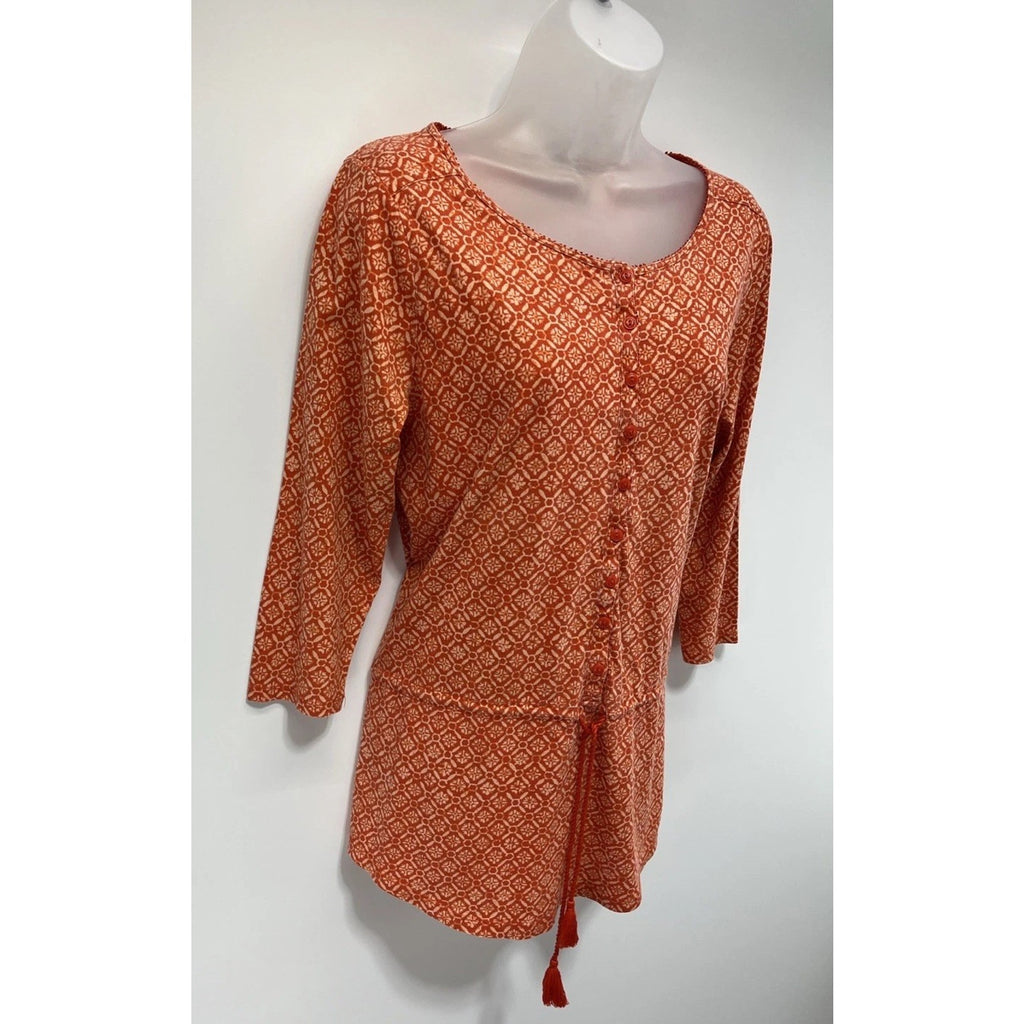 Lauren Ralph Lauren Womens Sz L Tie Waist Tunic Top Orange Cotton Geometric Boho