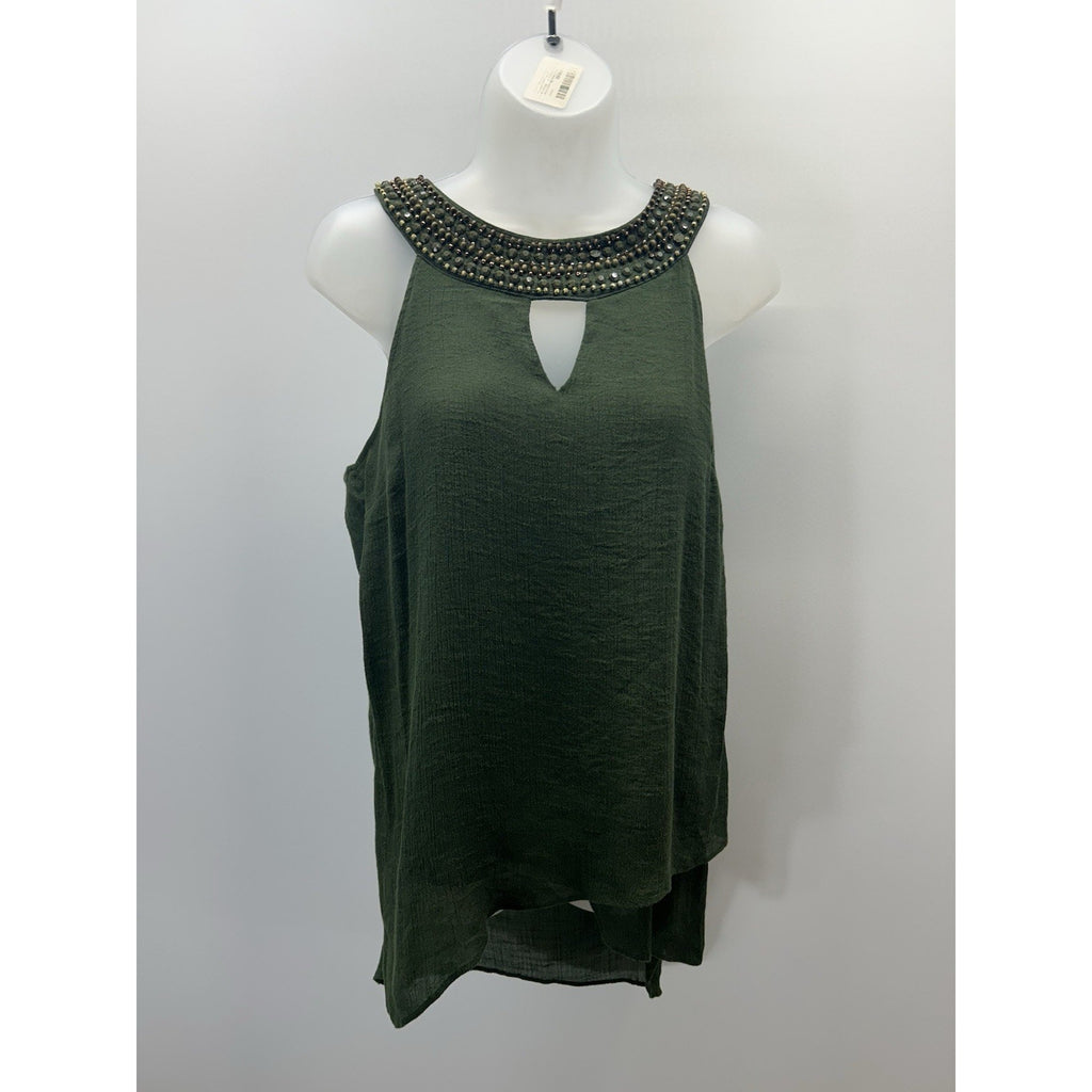 AB Studio Beaded Embellished Gauze Sleeveless Top Medium Asymmetrical Hem Green