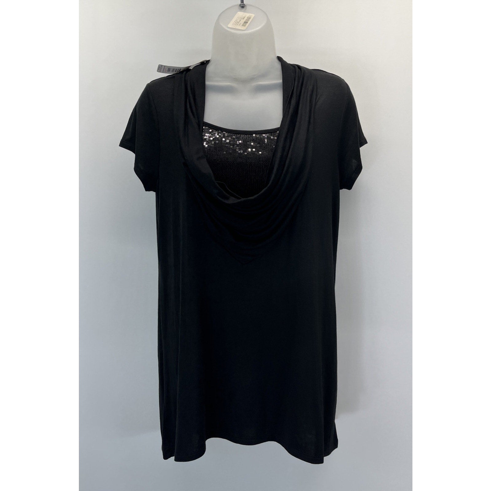 NWT August Silk Top Black Sequin Pullover Round Neck Short Sleeve Size S