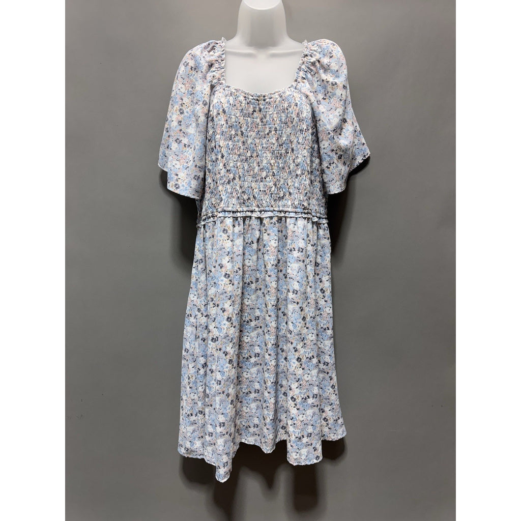 Mikarose Blue Floral Smocked Babydoll Midi Dress Women’s Size XXXL New