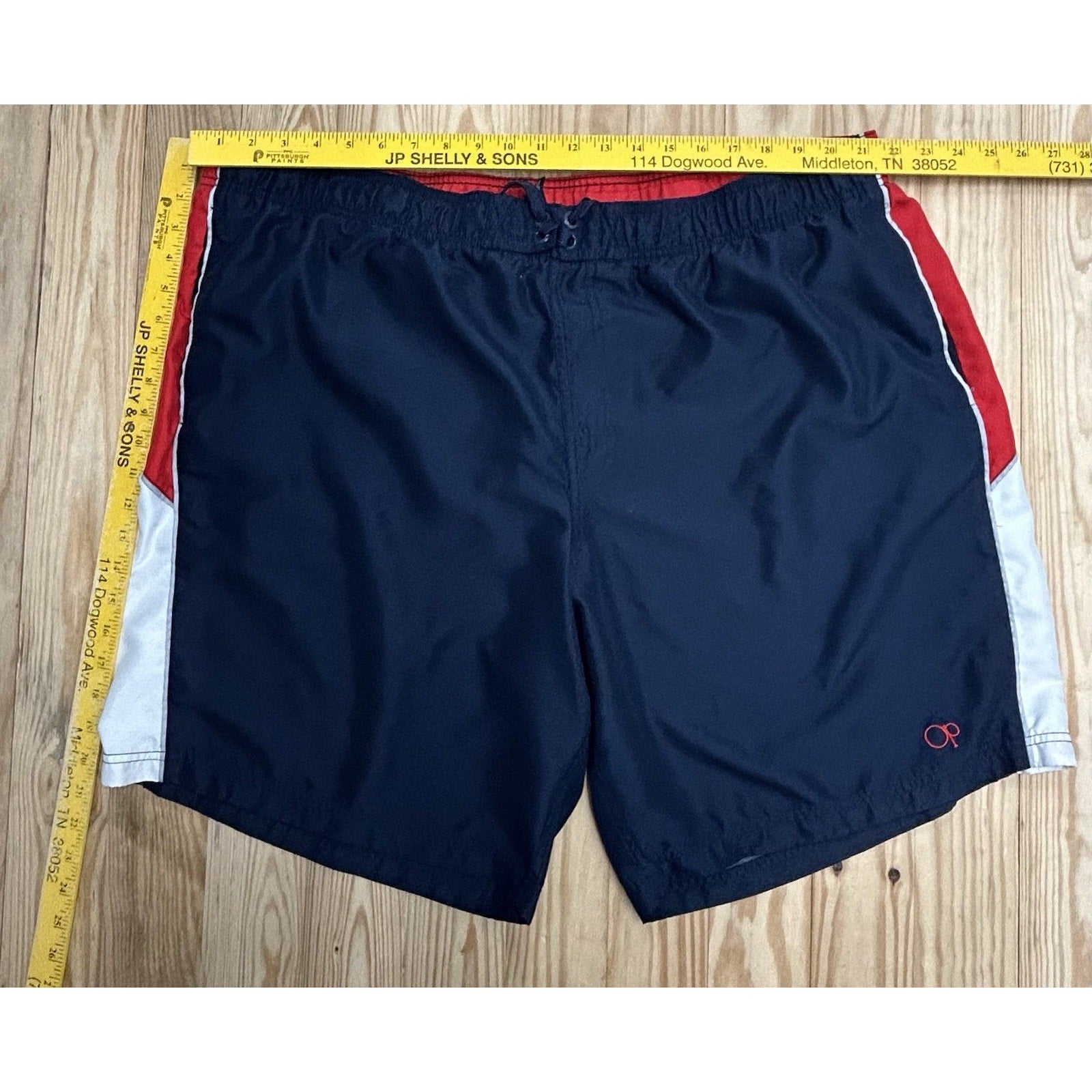 Vintage OP Ocean Pacific swim trunks board shorts size 3XL 48-50Blue Red w/Liner