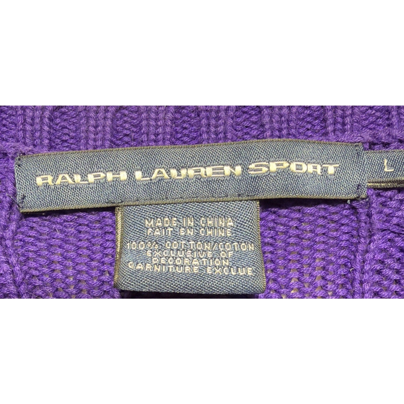 Ralph Lauren Sport Womens Large Purple Cable Knit V Neck Cotton Sweater Pony