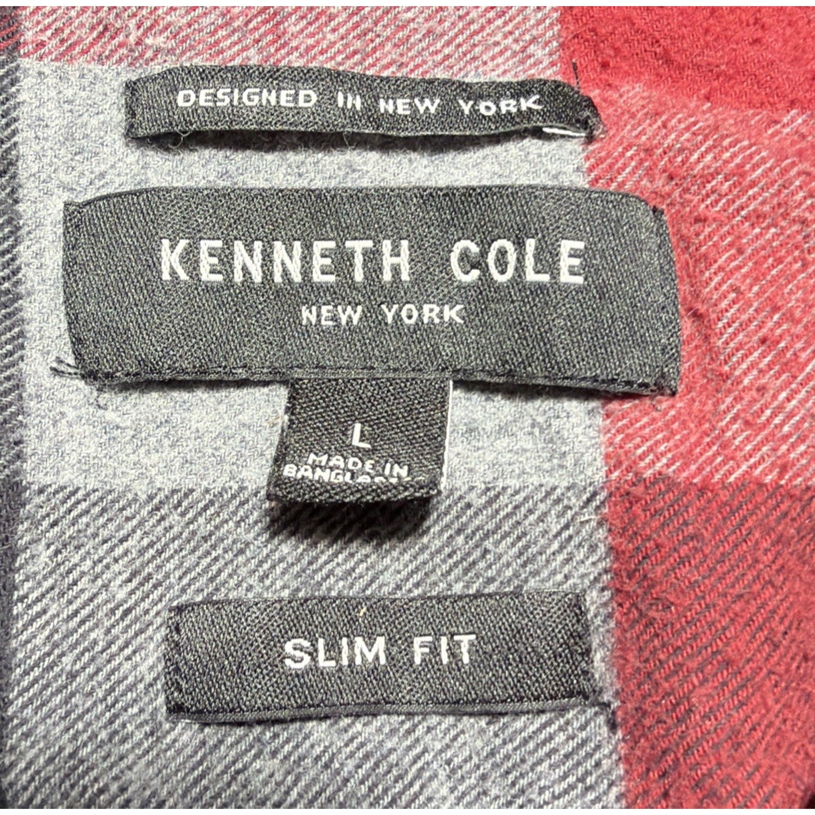 Kenneth Cole Button Down Shirt Mens Size L Red Black Plaid Flannel Slim Fit