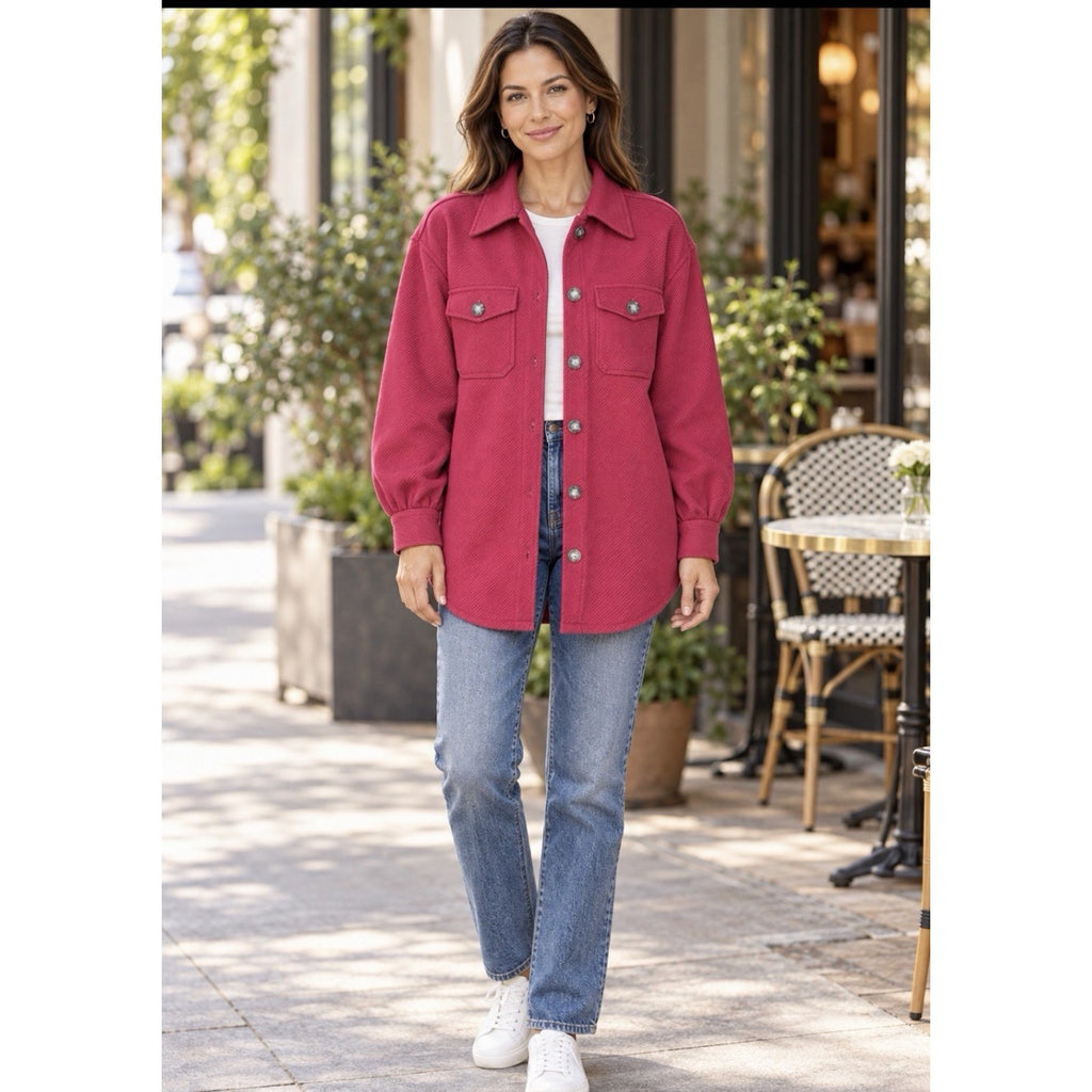 C by One Shacket Womens XS Fuchsia Pink Textured Button Front Shirt Jacket