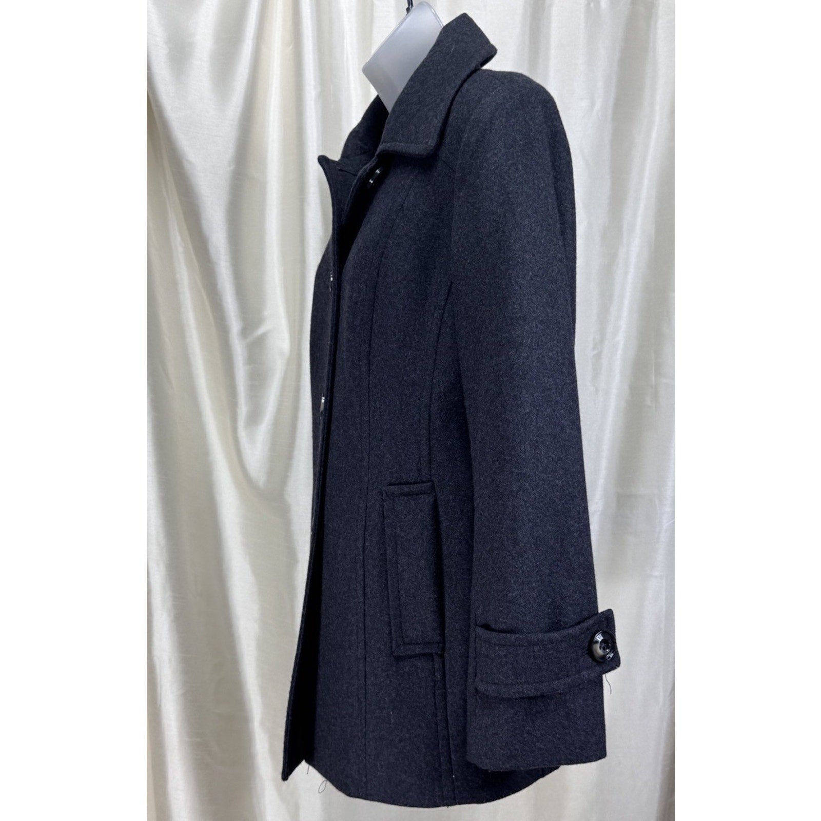 Women's PL London Fog Wool Blend Dark Charcoal Button Front Pea Coat Medium EUC