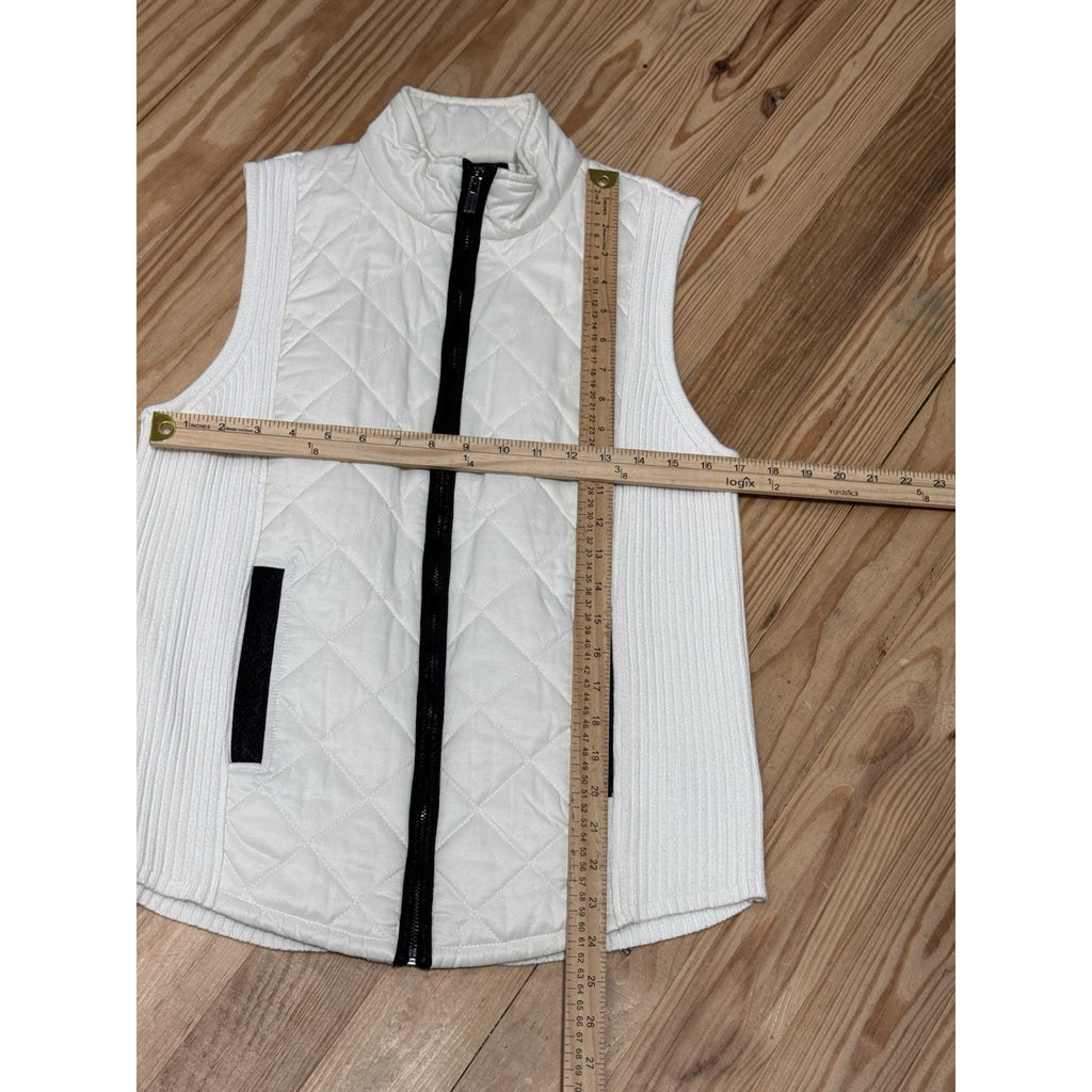 Jones New York White Puffer Vest Quilted Cotton Sweater Back Zip Jacket Women M