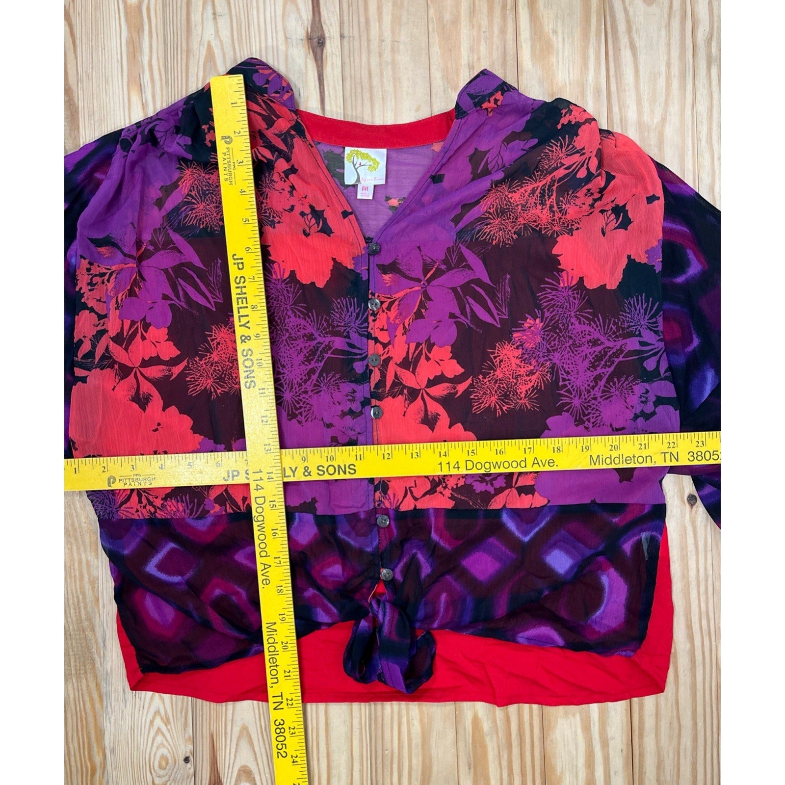Fig & Flower Top Size M Purple Red Colorful Tie Front Sheer Popover Shirt