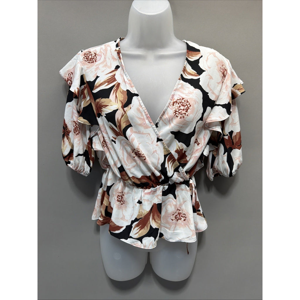 Express blouse top womens S Tie Waist Faux Wrap balloon sleeve brown floral