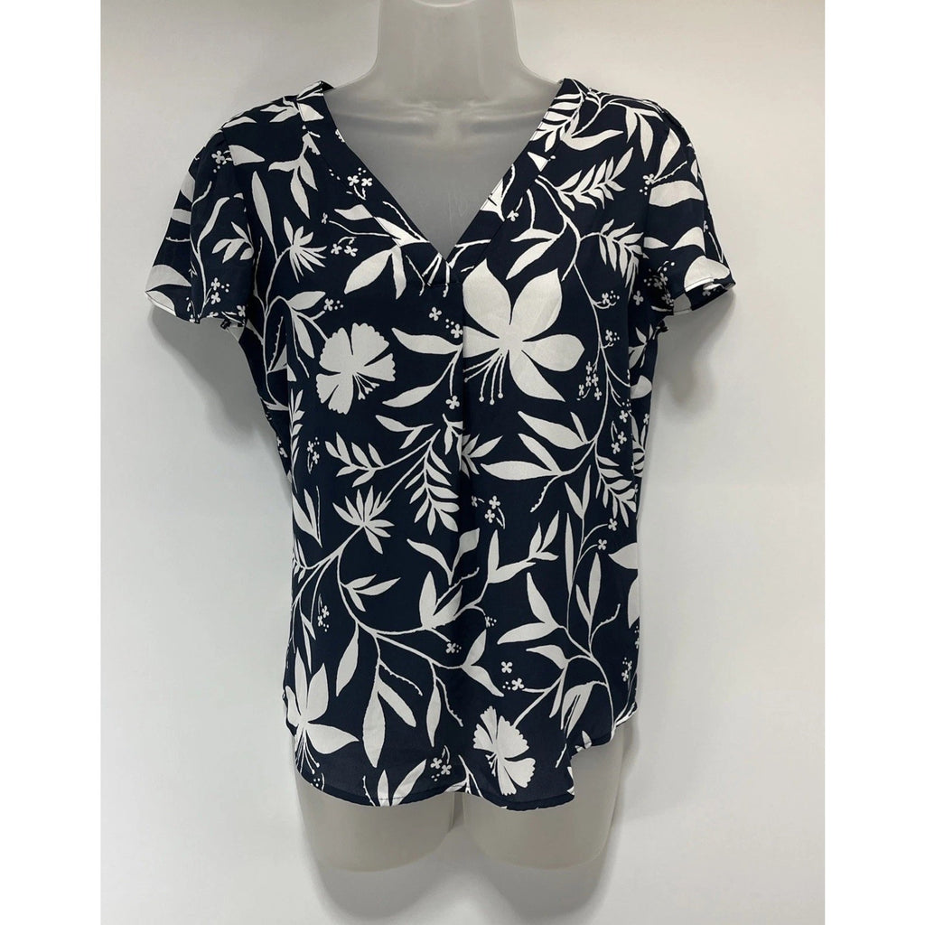 Loft Top Size Small Blue White Floral V-Neck Short Sleeve Blouse