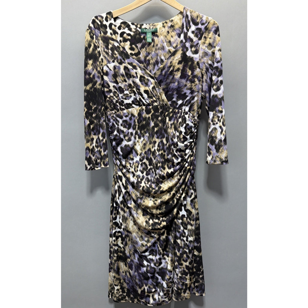 Lauren Ralph Lauren Abstract Animal Print Ruched Wiggle Dress Size 14 Purple Tan