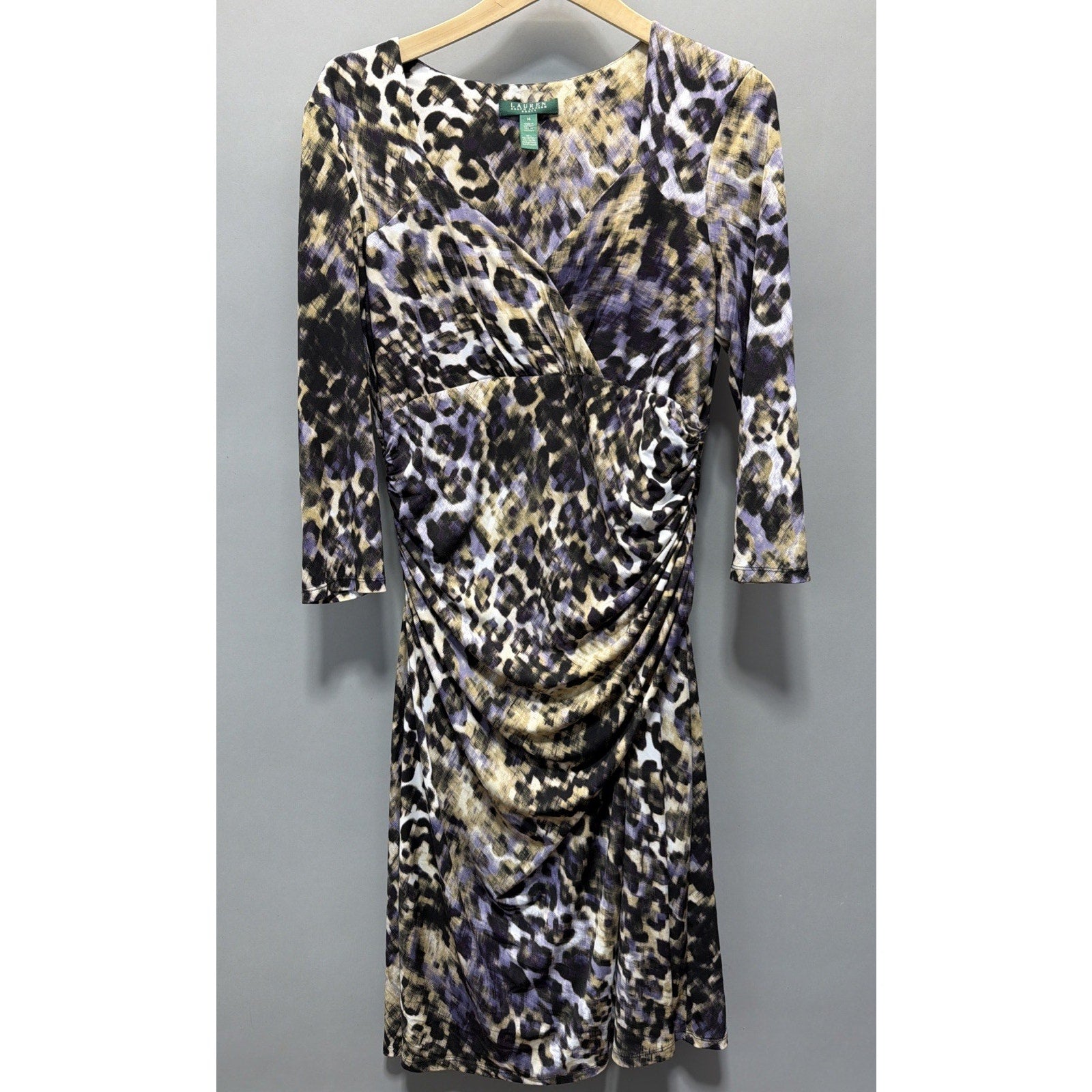 Lauren Ralph Lauren Abstract Animal Print Ruched Wiggle Dress Size 14 Purple Tan