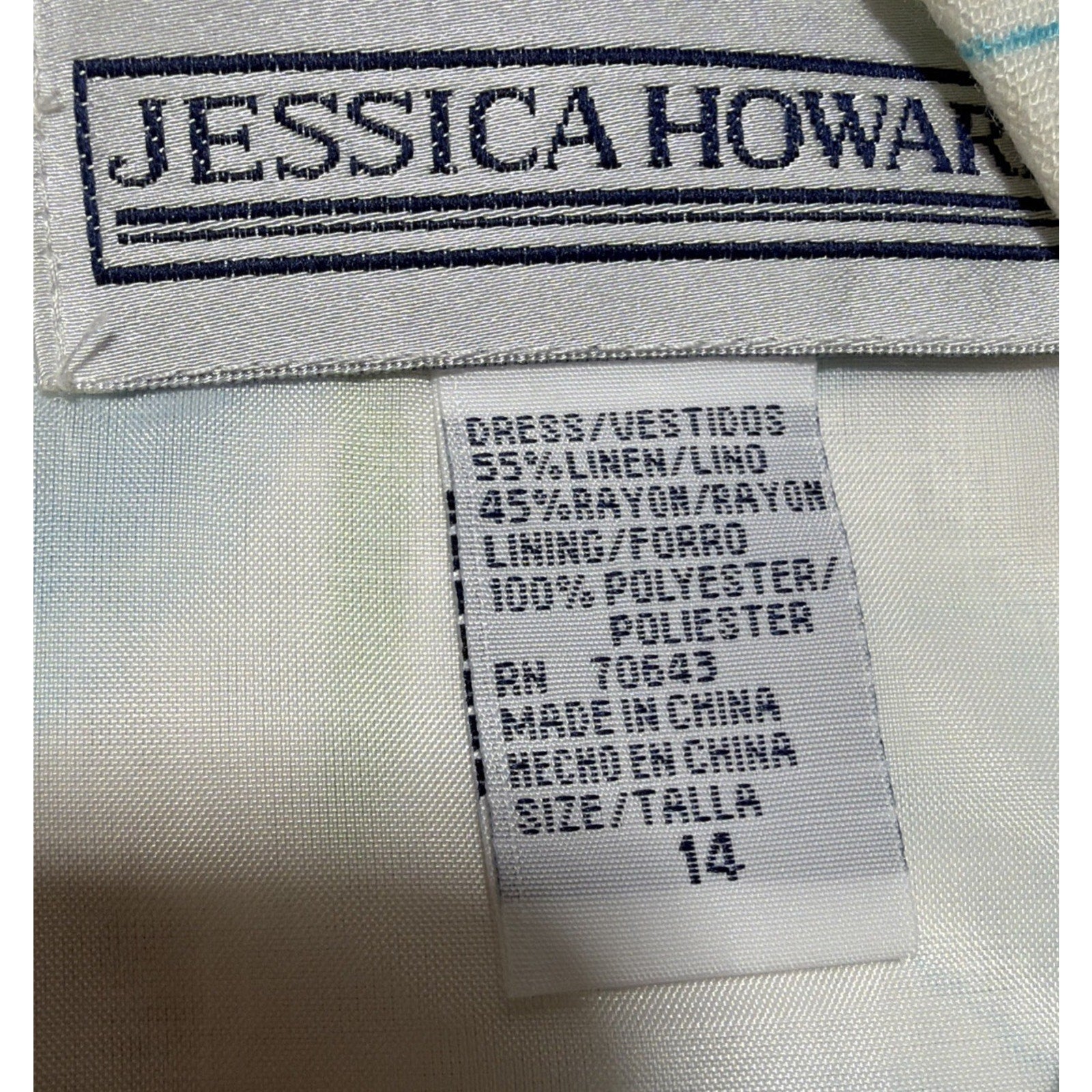 Vtg JESSICA HOWARD Linen Dress Women Sz 14 Sleeveless Shift Lined Embellished
