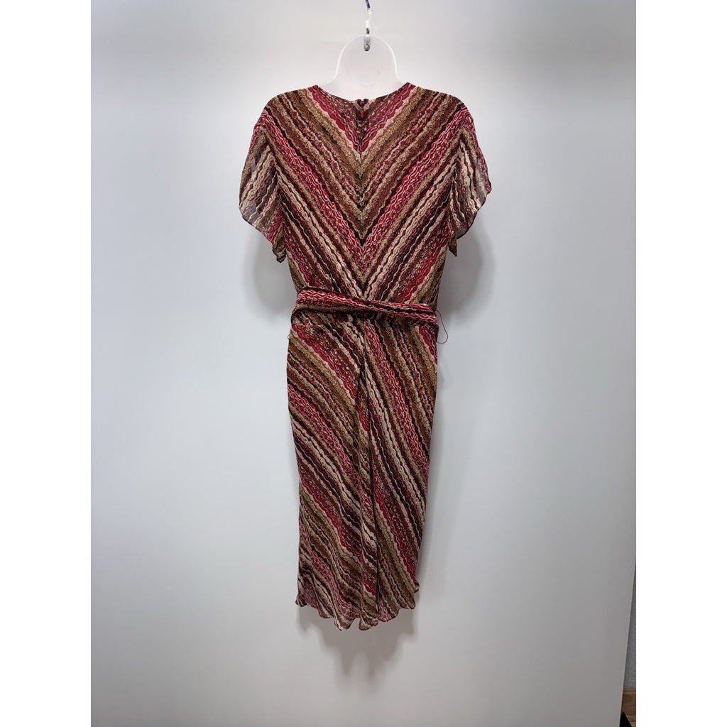 Adrianna Papell Silk Belted Red Brown Striped Print Dress Women’s Size 16