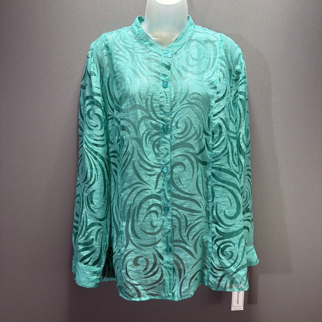 Alfred Dunner Plus Sz 20 Burnout Cover Up Lace Aqua Button-Up Blouse NWT
