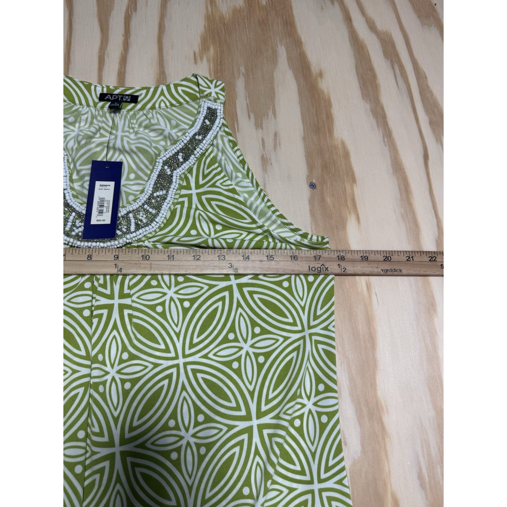 Apt 9 Womens Small Green White Geometric Dress Beaded Neck Sleeveless NWT