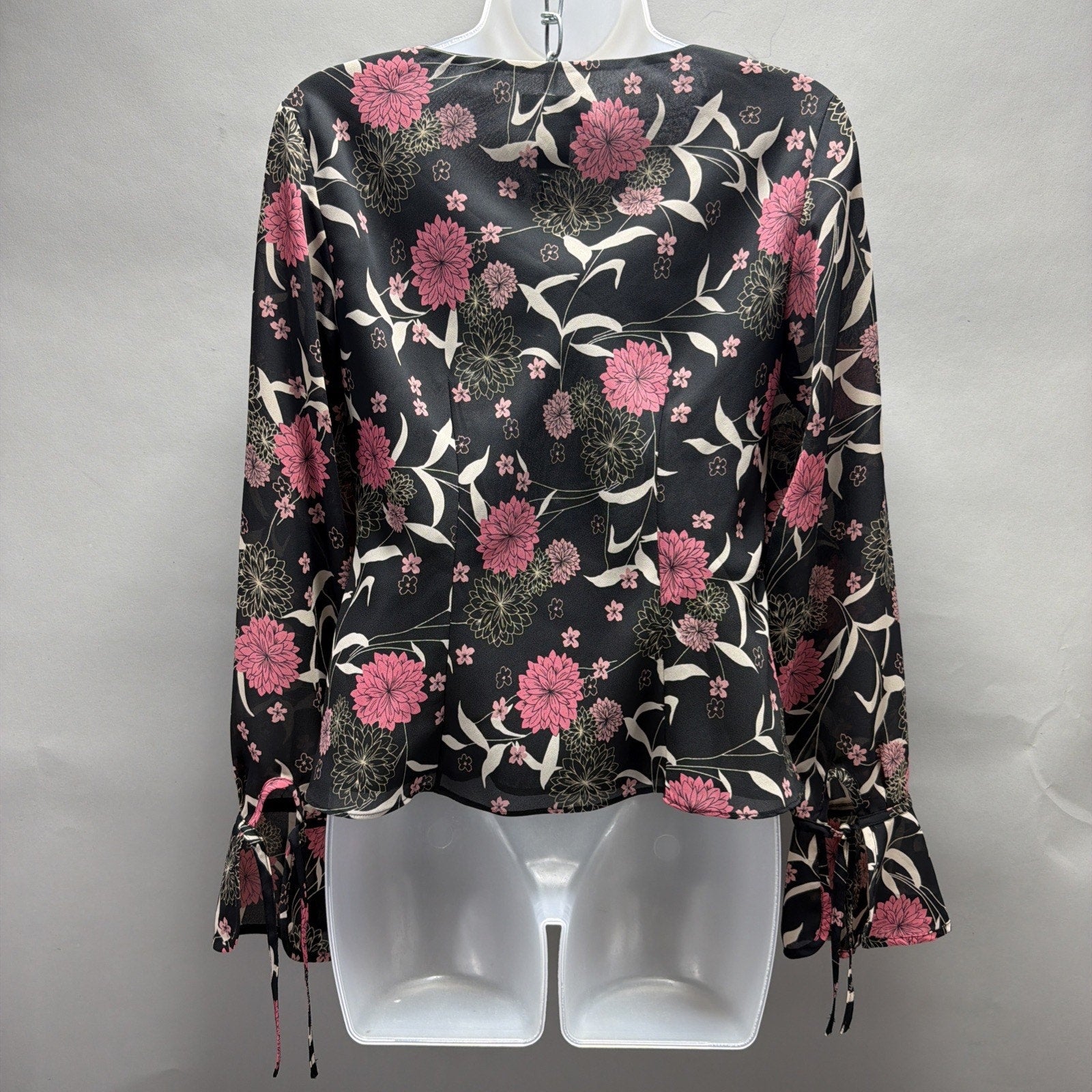 Ann Taylor LOFT Black Pink Floral Print Bell Sleeve Lined Blouse Size XS