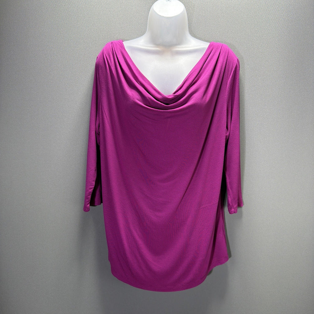 Peter Nygard Cowl Neck Top Women Fuchsia 3/4 Sleeve Stretch Size Petite Large