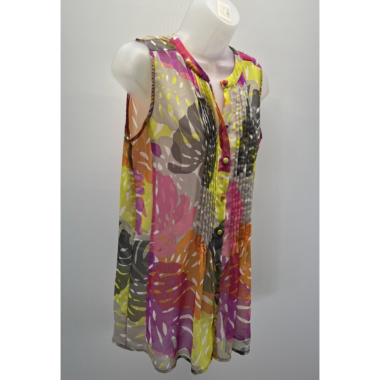 Liz Claiborne Button-Up Top SZ M Sleeveless Chiffon Floral Light & Sheer