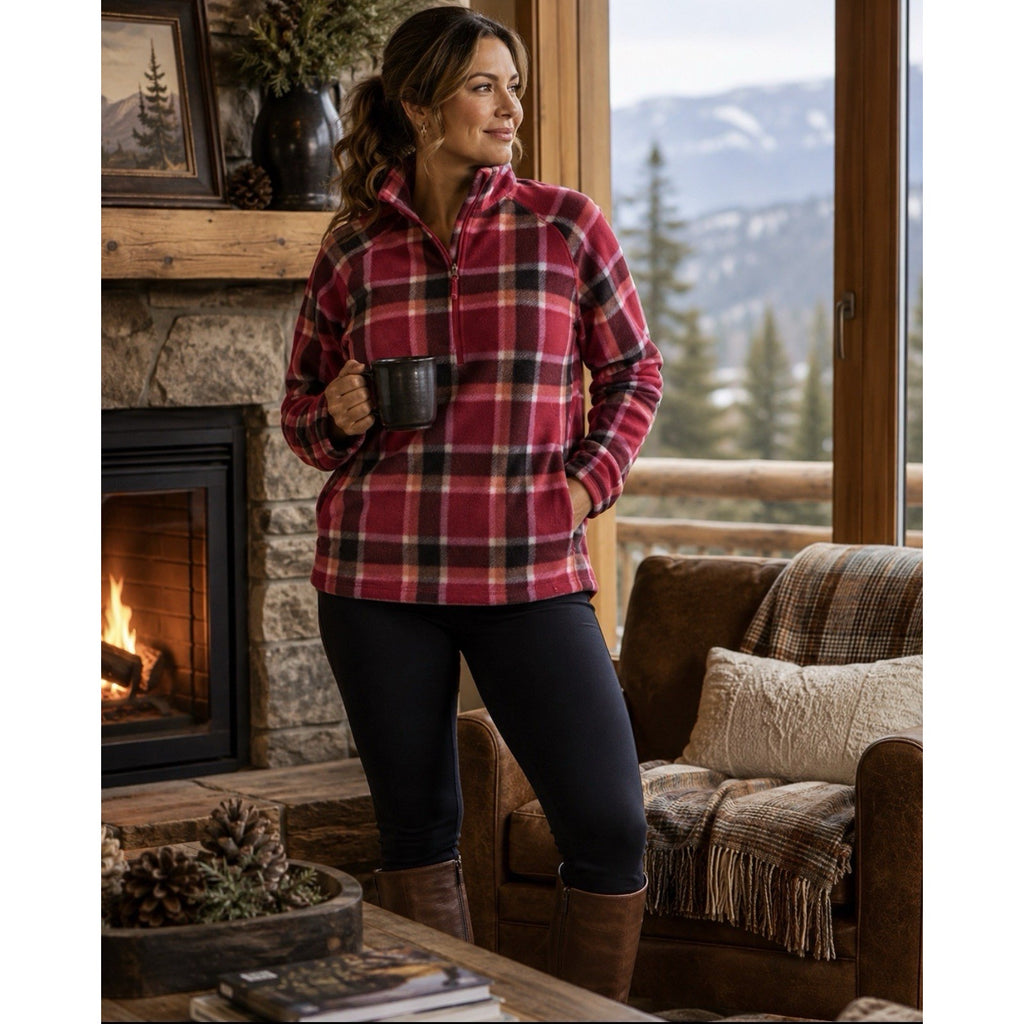 Eddie Bauer Womens L Sweater Fleece Red Plaid 1/4 Zip Pullover Long Sleeve NWOT