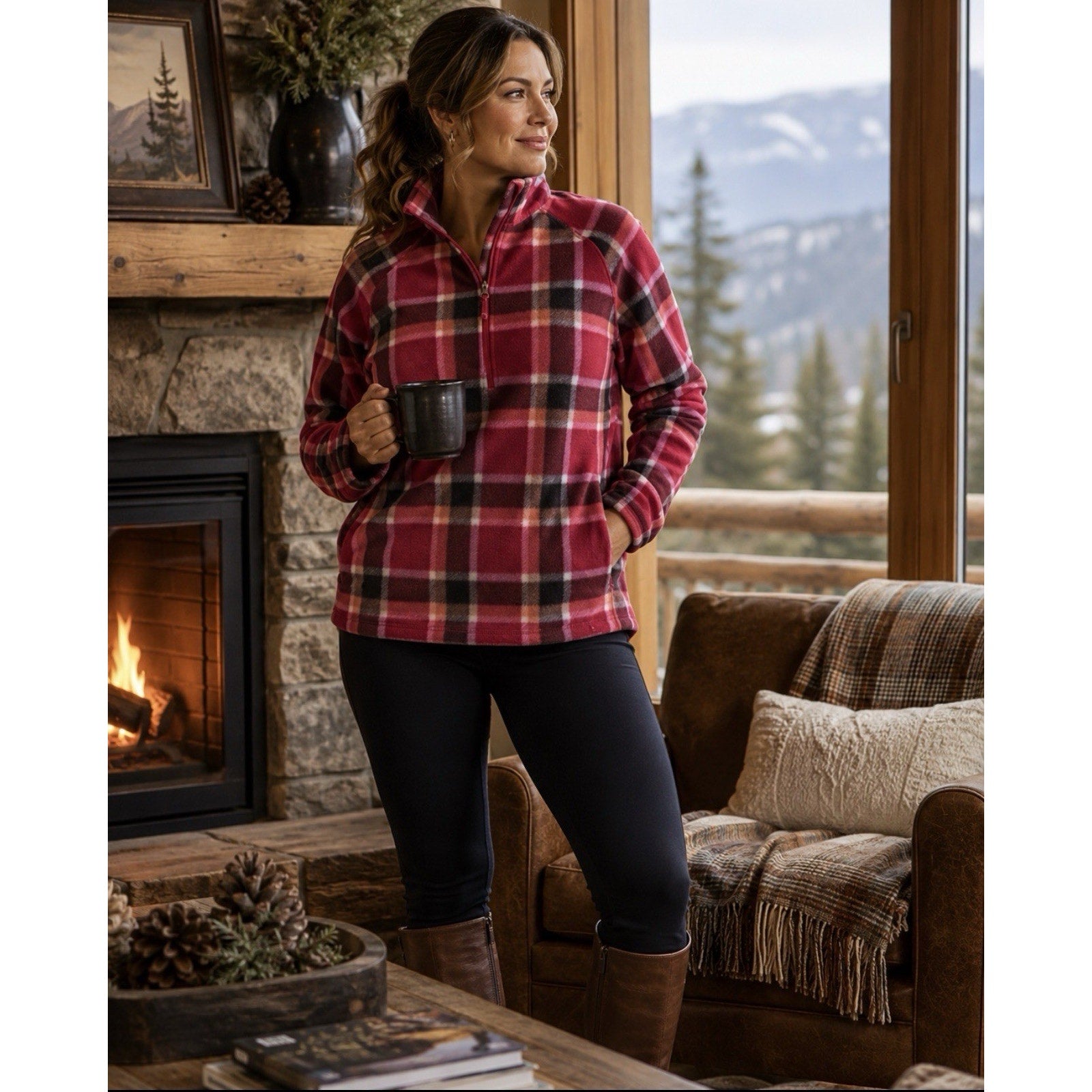 Eddie Bauer Womens L Sweater Fleece Red Plaid 1/4 Zip Pullover Long Sleeve NWOT