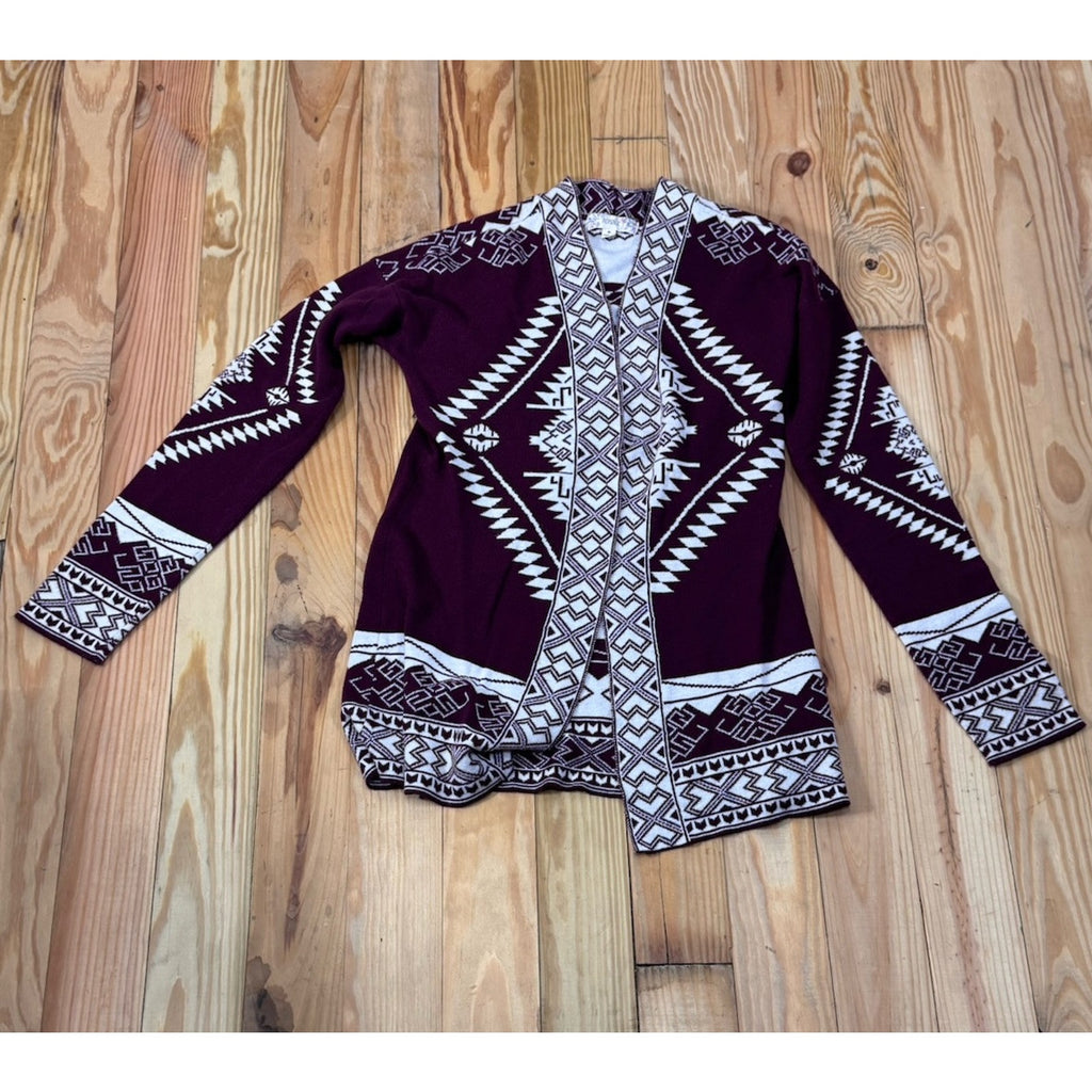 Pink Republic Long Sleeve Open Cardigan Sweater Burgundy Aztec Design Small