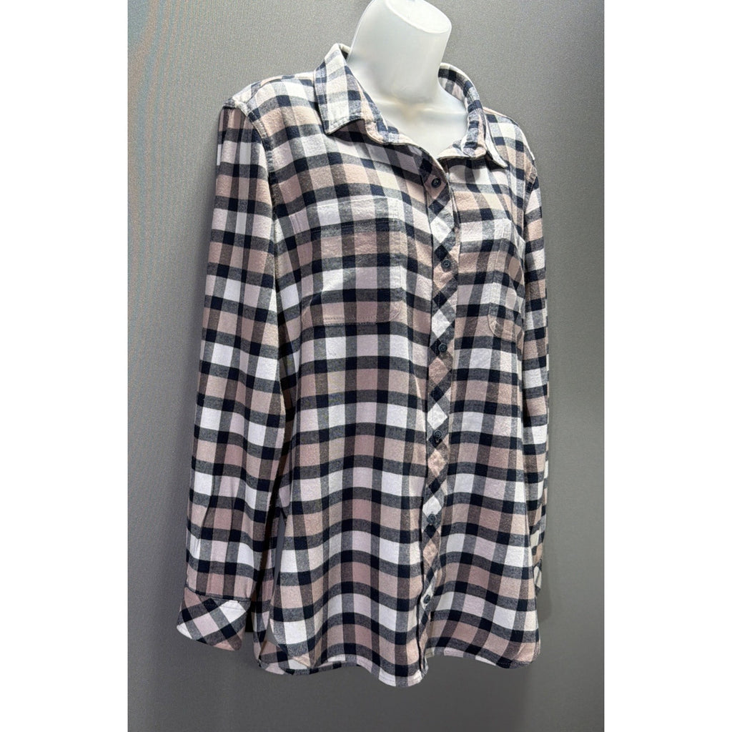 Athleta Pink Navy Lumberjilll Cotton Blend Plaid Button Down Shirt Size M