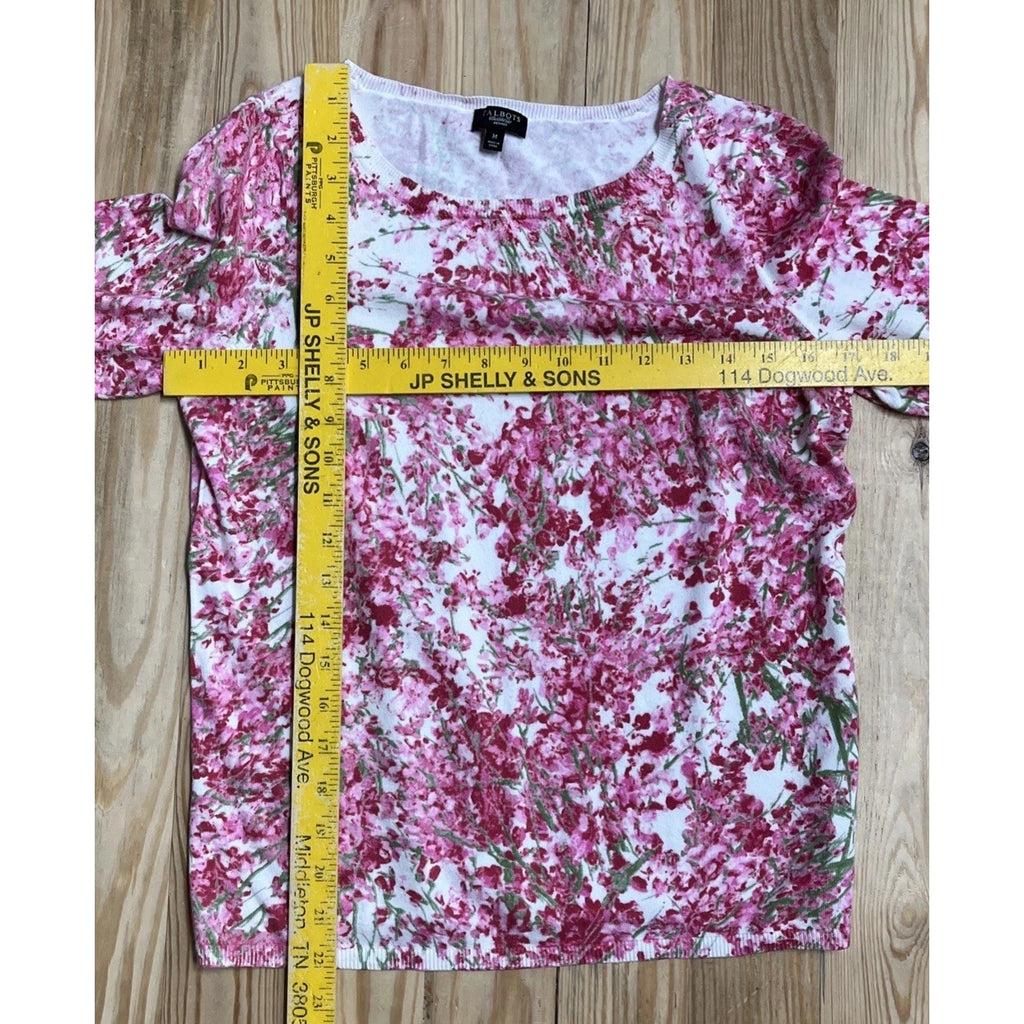 Talbots Women's Petite M Top Pink Red Floral 3/4 Sleeve Cotton Rayon