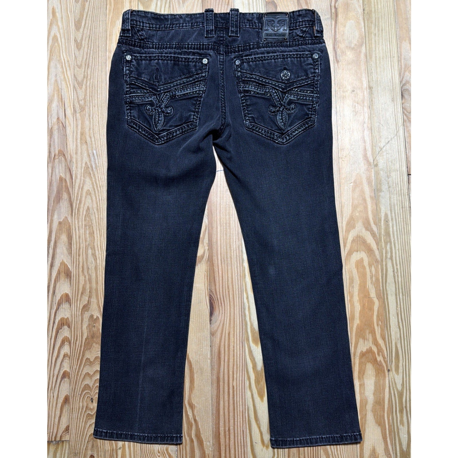 Rock Revival Jeans Mens 38x30 Black Lambeth Denim Pants Embroidery Straight