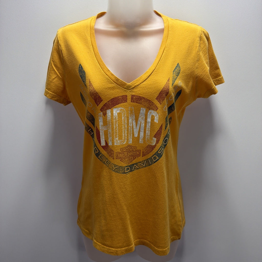 Harley Davidson Fort Lauderdale FL M Yellow T Shirt Short Sleeve V-neck Made USA