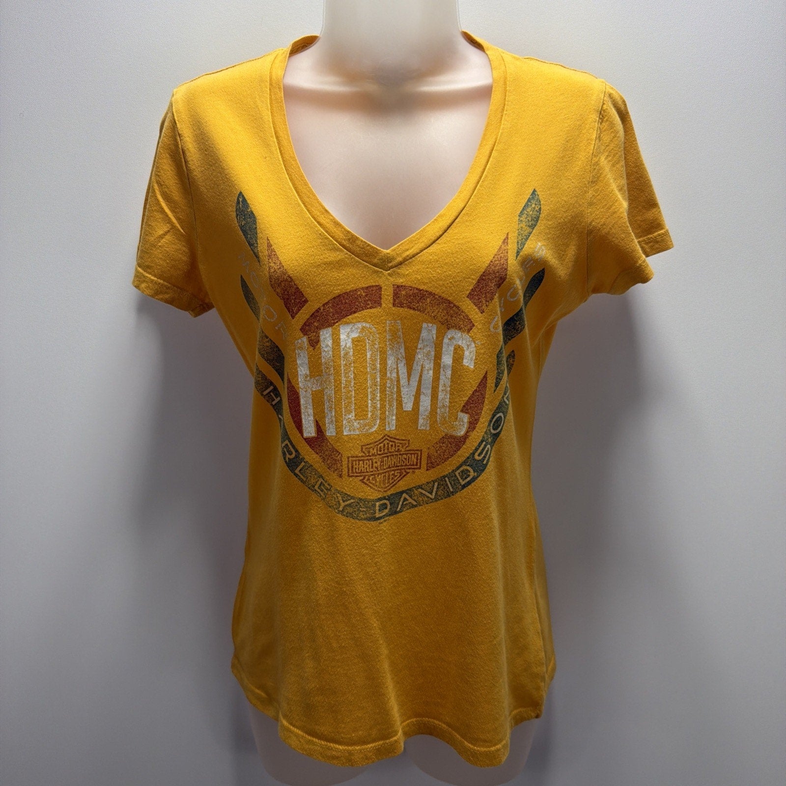 Harley Davidson Fort Lauderdale FL M Yellow T Shirt Short Sleeve V-neck Made USA