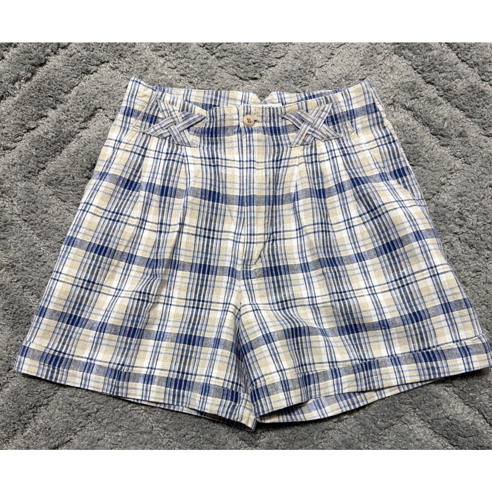 Vintage Relay Classics Plaid Linen High Rise Cuff Shorts Beachy Casual Size 7/8