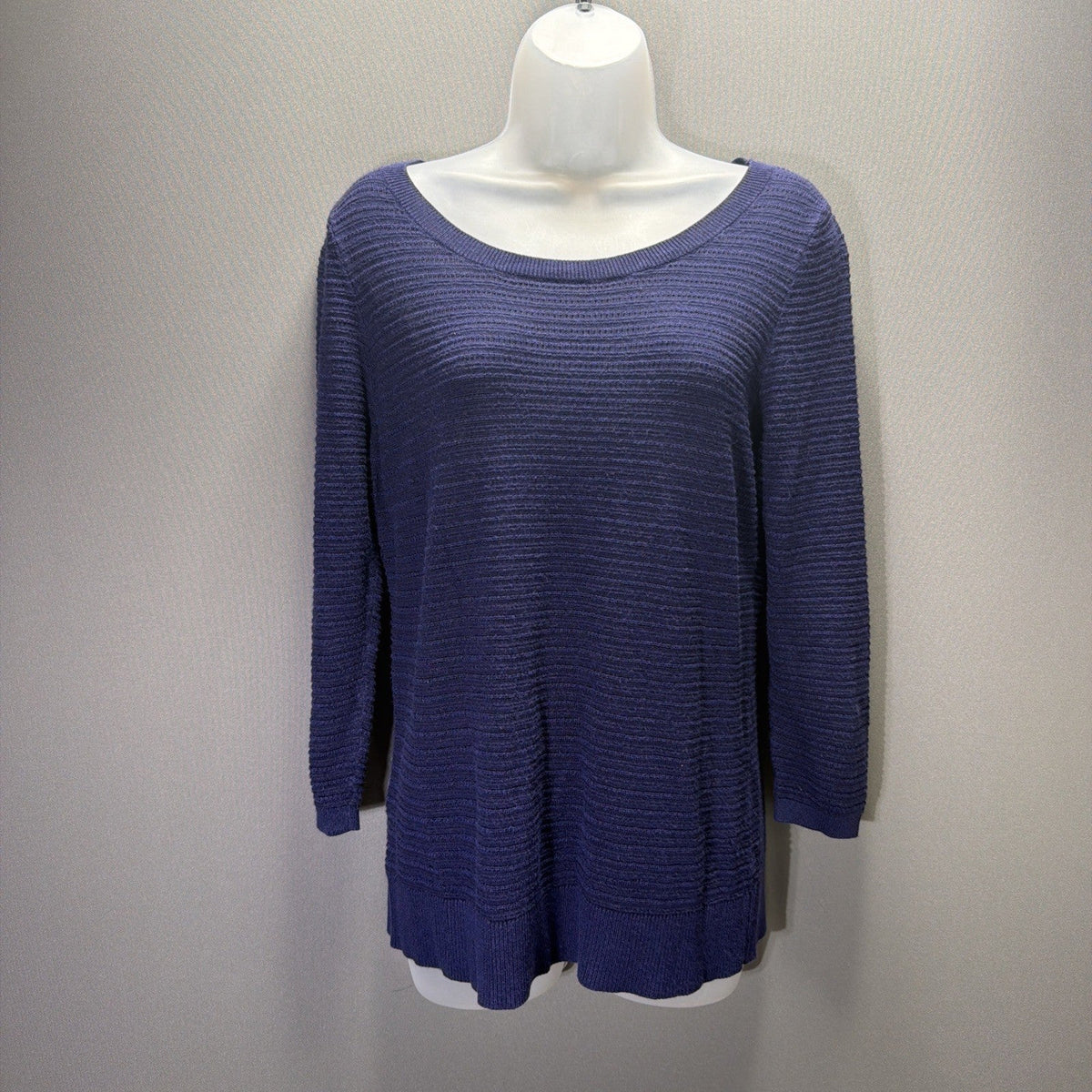 LOFT NAVY BLUE TEXTURED KNIT CLASSIC 3/4 SLEEVES CAREER SWEATER SZ: L