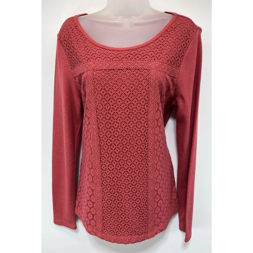 Lucky Brand Coral Lace Shirt Waffle Knit Long Sleeve Size Large