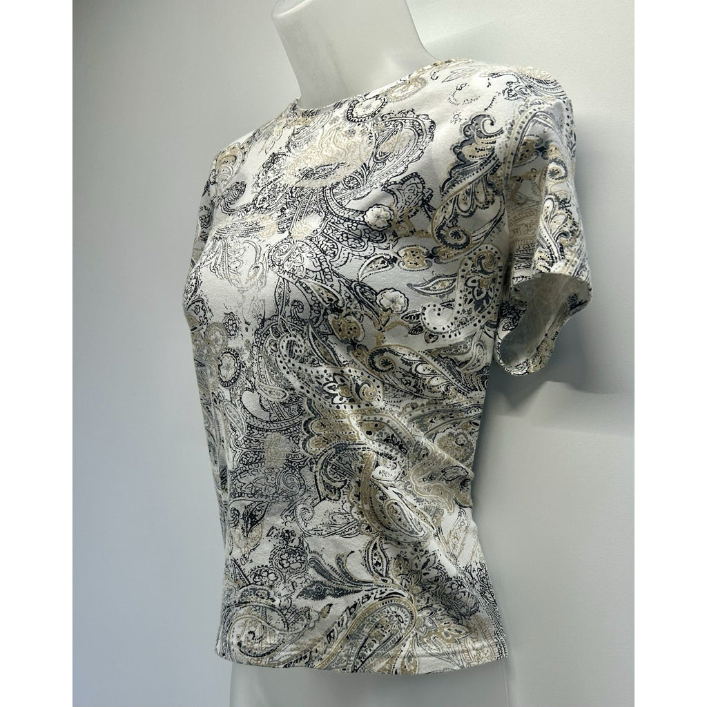 Croft & Barrow Women Floral Short Sleeve Crew Neck T-Shirt Black & White Size M