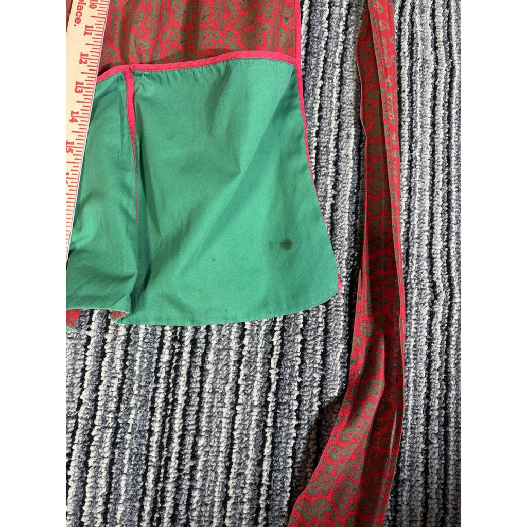 Red Green Paisley Half Apron Waist Tie Large Pockets Christmas Holiday Kitchen