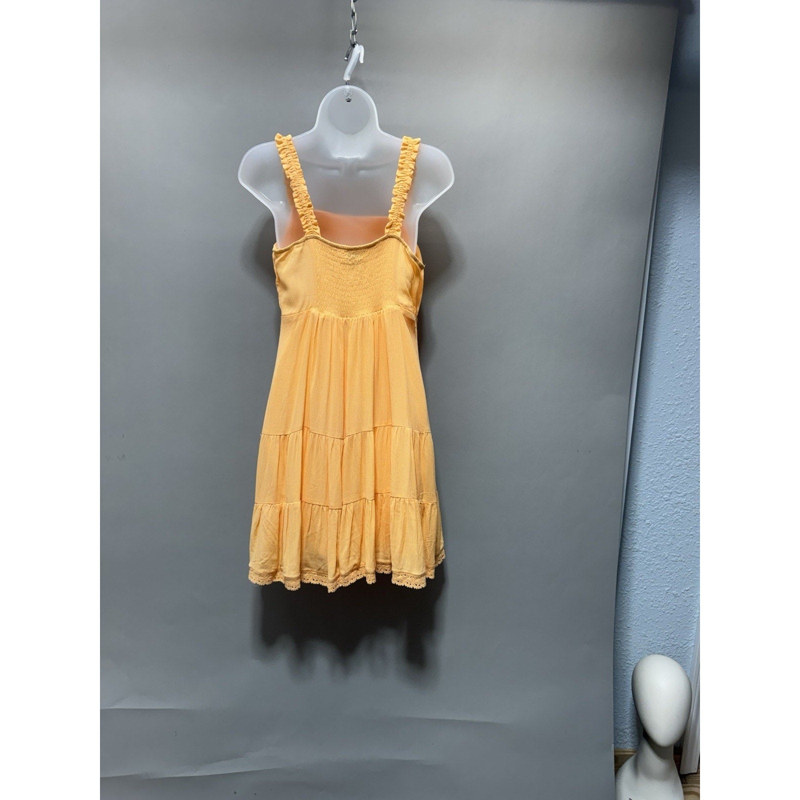 NEW Love, Fire Boho Yellow Chiffon Mini Dress Women L Tiered Ruffle Strappy