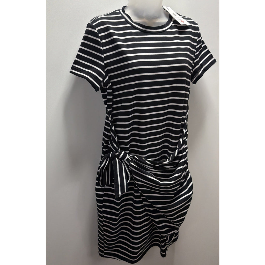 NWT Merokeety Blue White Stripe Short Sleeve Tie Waist Stretch Dress SIZE M