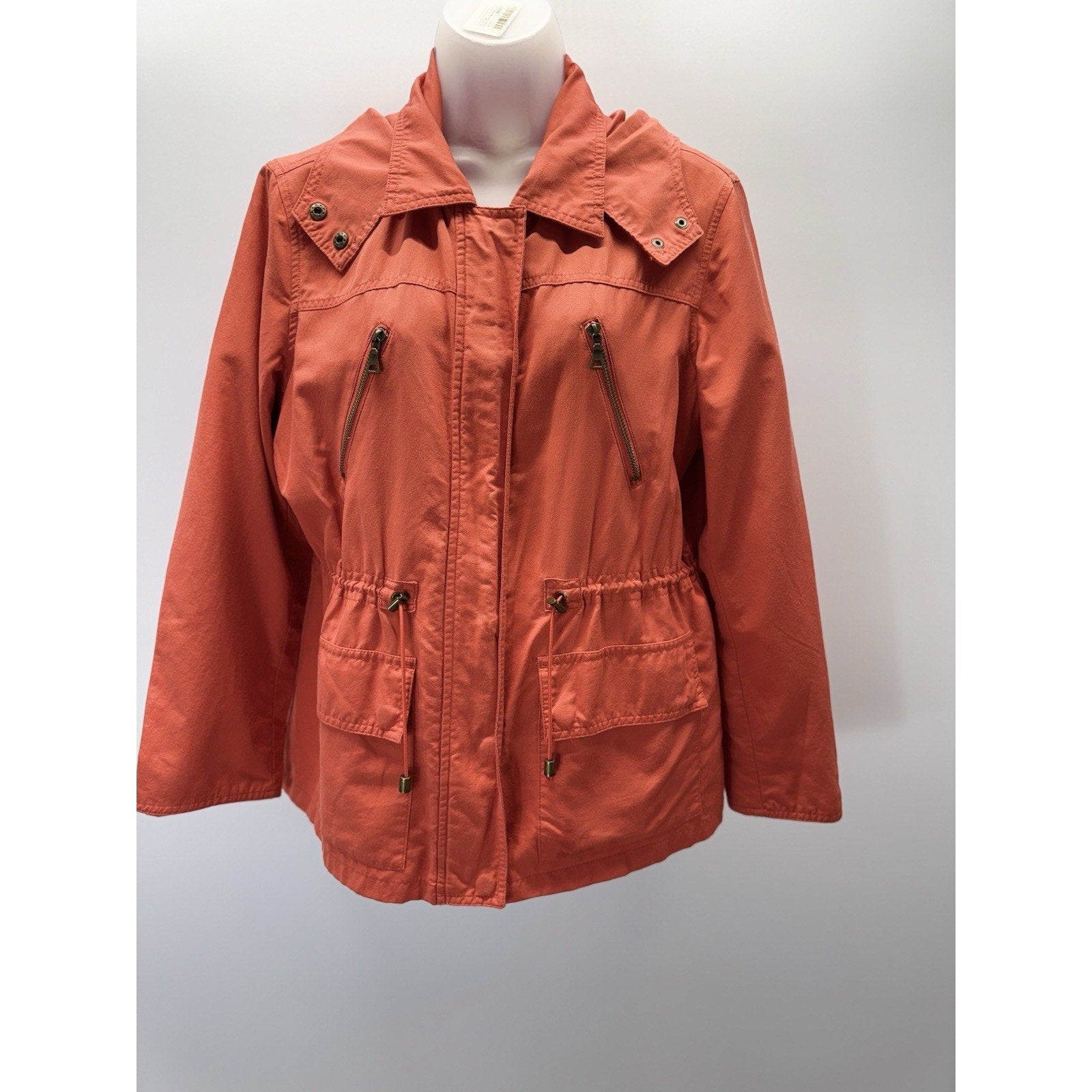 Liz & Co Orange Cinch Waist Hooded Lightweight Jacket Size Petite L