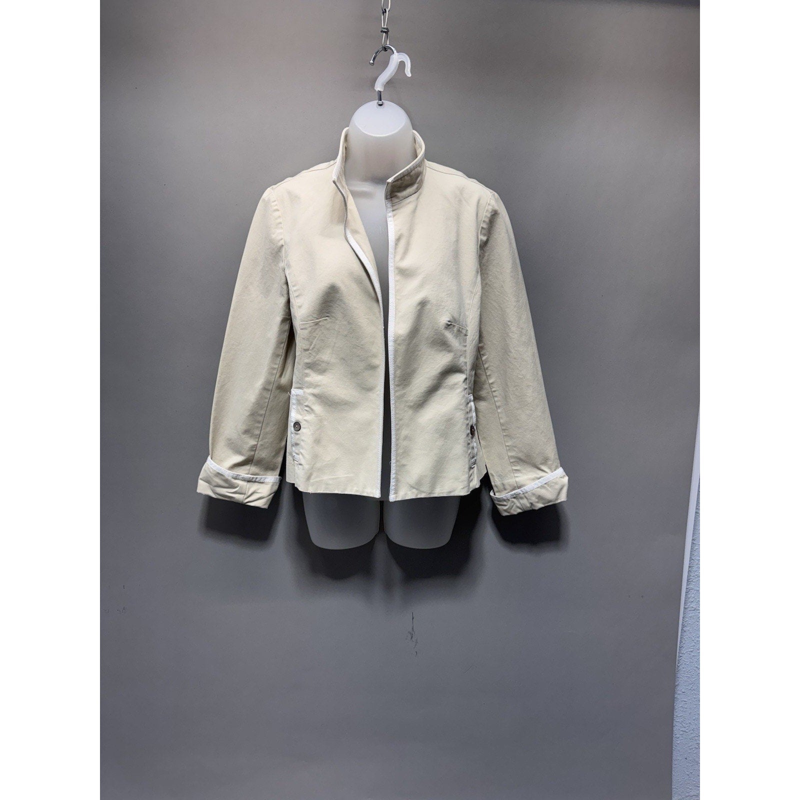 Nina McLemore Beige Cotton Blend Jacket Womens Large Stand Collar Career